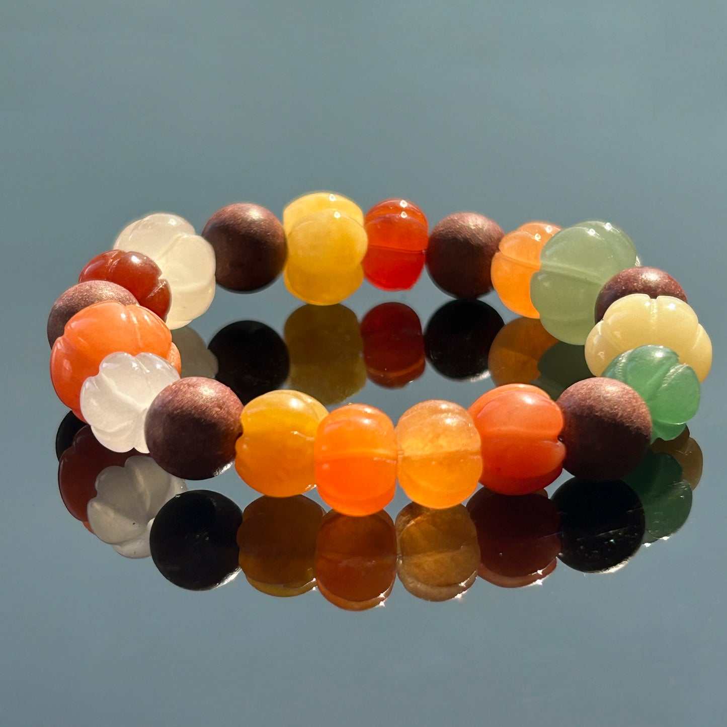 Golden Pumpkin Jasper and Floral Herb Beads Bracelet